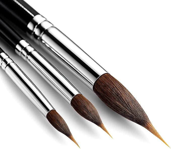 Watercolor Brushes Set 3Pcs Extended Needle Point Brushes Synthetic Extra Pinhead Brush for Fine Detailing, with Belly Reservoir for Continuous Painting & Broad Washes Great for Artists