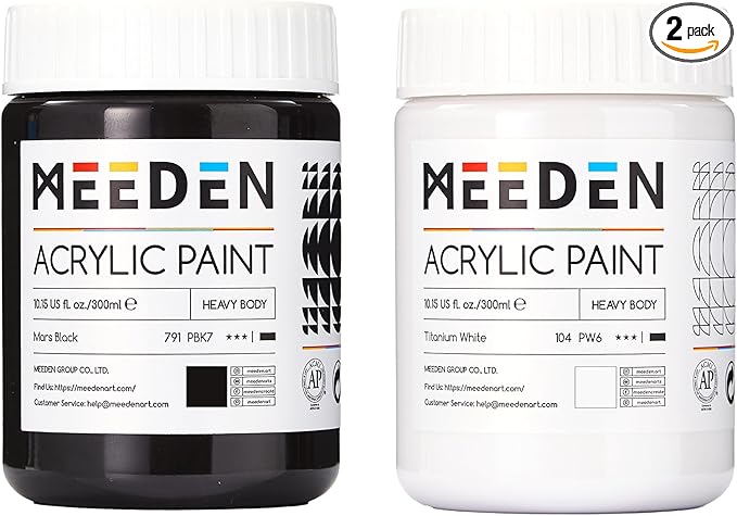 MEEDEN Black and White Acrylic Paint: 300ml/10oz x 2 Jars Heavy Body Gloss Acrylic Paint - Thick Art Paints for Professional Artists Painting on Canvas