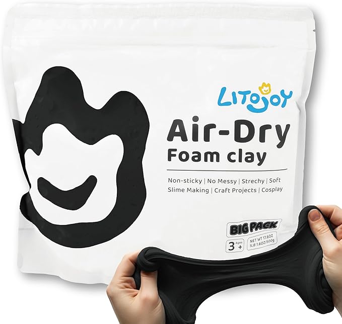 Black Air Dry Foam Clay - Modeling, Soft, Light Weight for School Supply, Art Projects, Halloween Deco, Cosplay Props, Flower Mirror, Slime Supplies- 1.1 Lbs / 500 Grams (Black)