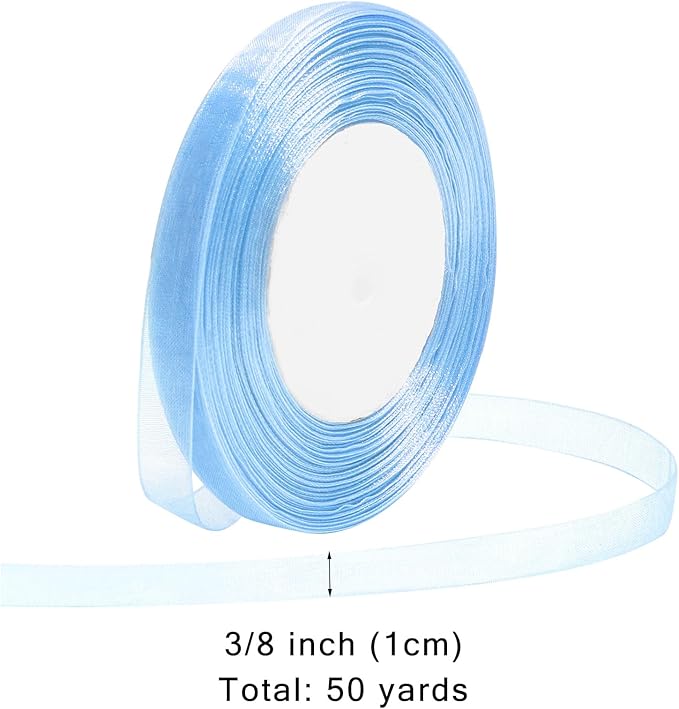 Light Blue Ribbon for Gift Wrapping 3/8 inch Sheer Organza Ribbon for Flower Bouquet Tulle Chiffon Ribbons for Wedding Invitations Christmas Halloween Decorations Crafts 50 Yards