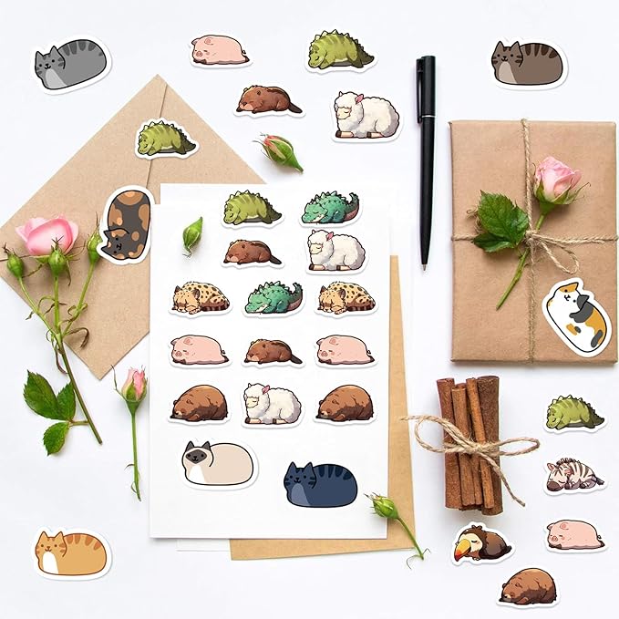 1000 Pcs Cute Animal Stickers Cartoon Sleepy Animals and Kawaii Kitten Stickers Rolls 20 Style Vinyl Waterproof Decorative Decals for Gift Wrapping Scrapbook Laptop Decorations