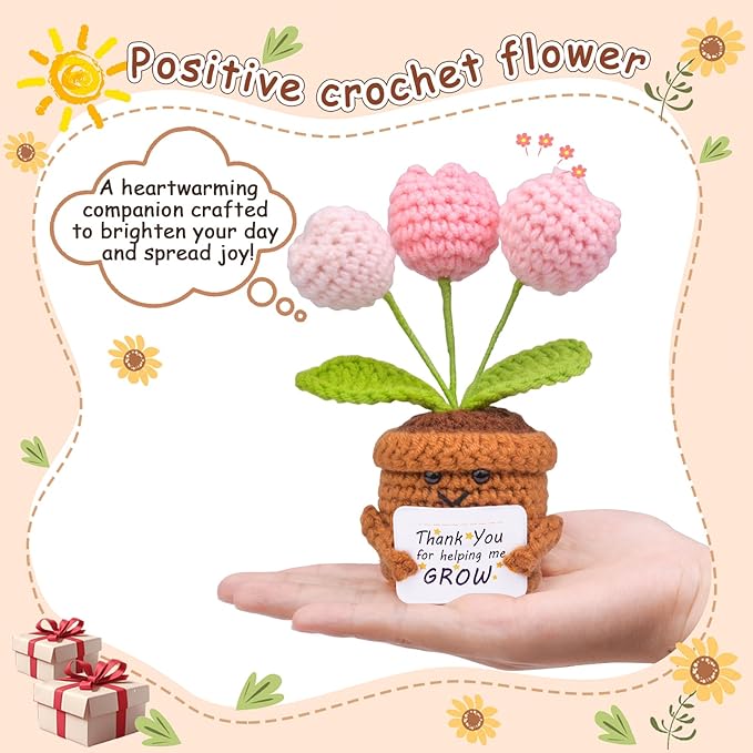 Positive Crochet Tulip Flower, Handmade Emotional Support Knitted Tulip Flowers Inspirational Gift for Women - Thank You, Appreciation, Positive Gift for Teacher, Mom, Friend, Coworker
