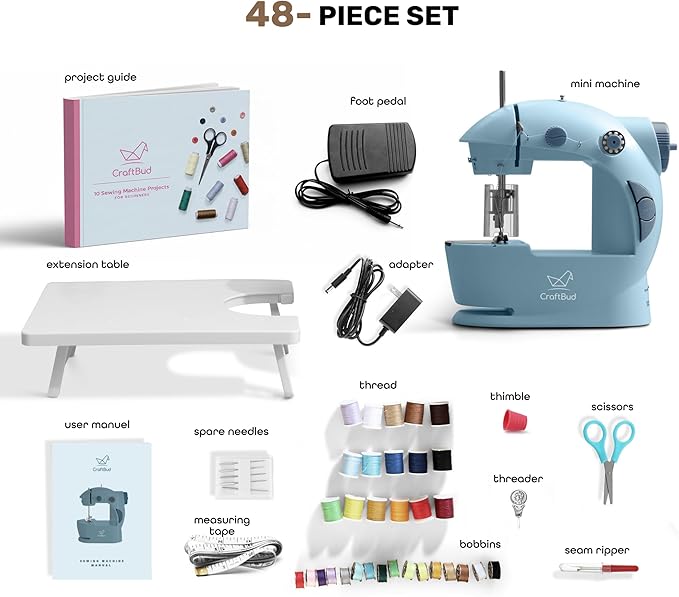 CraftBud Mini Sewing Machine for Beginners, Dual Speed Small Portable Sewing Machine for Kids and Adults with Extension Table, 48 Piece Gift Set Includes, Pedal, Projects Book, Light and More, Blue