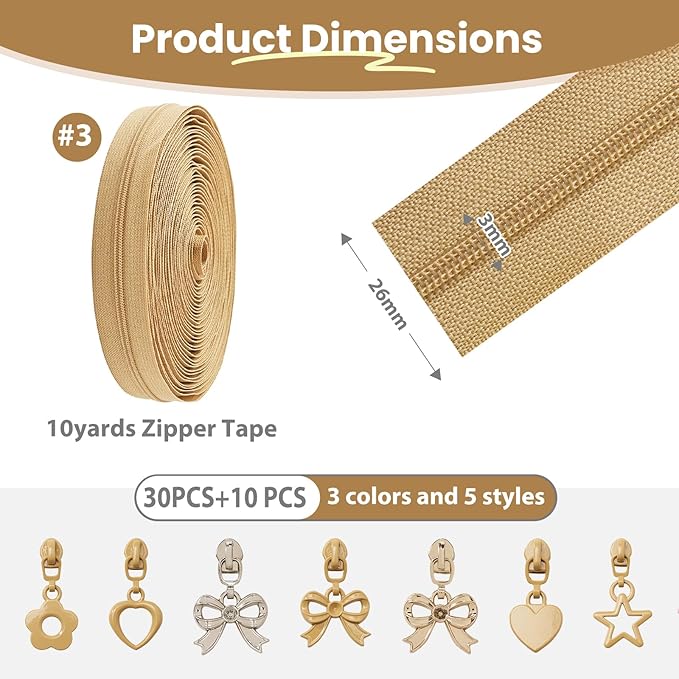 Mylbeter #3 Nylon Coil Zippers by The Yards Khaki Bulk Zippers 10 Yards with 40PCS Sliders Continuous Zipper Tape for DIY Bag Clothing Sewing Crafts Gold Pull Sliver Slider Zipper for Bags and Purses