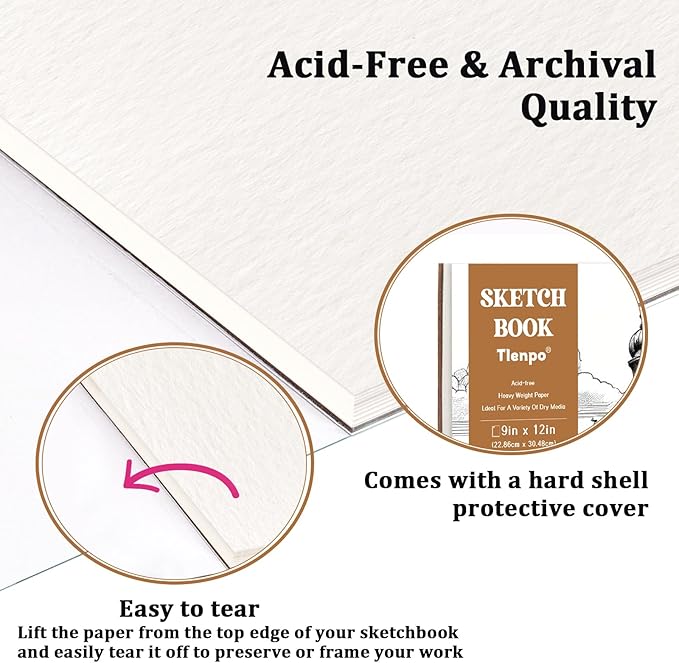 Tlenpo 9 x 12 Inch Glue Bound Sketchbook, 50 Sheets (73 lb/120gsm) Acid Free Artist Drawing Book Paper, Art Supplies for Adults Kids, Craft Activities, Sketch Paper for Drawing Coloring Sketching