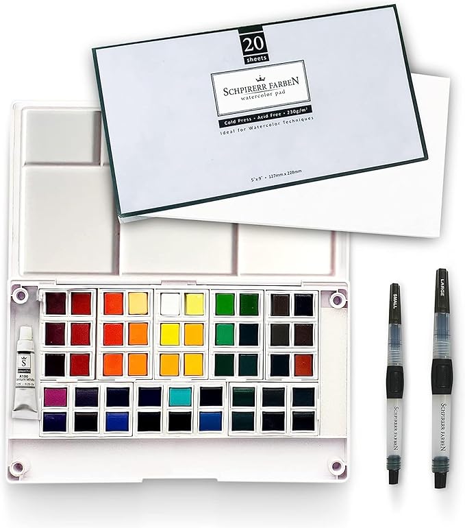 SCHPIRERR FARBEN - Professional Watercolor Paint Set, 48 Vivid Colors, Travel Watercolor Set with Classy Tin Box, Portable Watercolor Palette, Water Colors for Adult and Kids Use