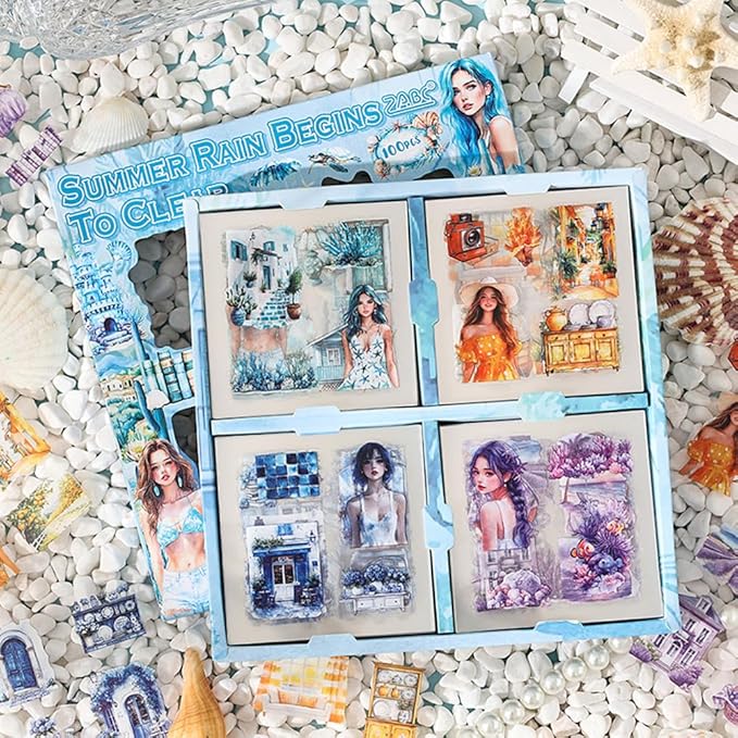 MAFELOE 100 Sheets of Box Set PET Scrapbook Stickers, Aesthetic Deco Junk Journaling Supplies for Planner Art Collage-Season Series-Blue (HZ-M4-HKSJ)