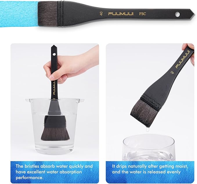 Flat Watercolor Brushes, 3pcs Professional Squirrel Hair Flat Hake Brushes Set, Artists Scale Large Paint Brush with Long Handle for Watercolor and Acrylic Paints