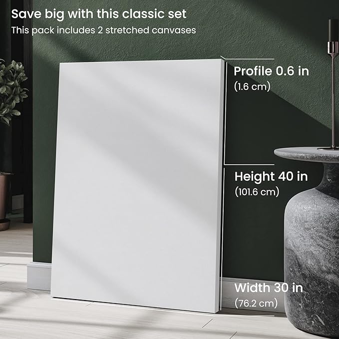ARTEZA Stretched Canvas, 30 x 40 Inches, Pack of 2, Blank White Large Canvas for Acrylic, Oil and Gouache Painting