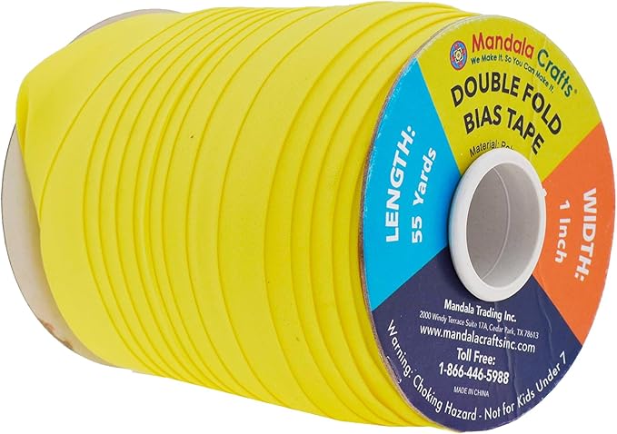 Mandala Crafts 55 Yards 1 Inch Yellow Double Fold Bias Tape for Sewing - Bias Binding Tape for Quilting Binding, Hemming, Seam, and Fabric Piping