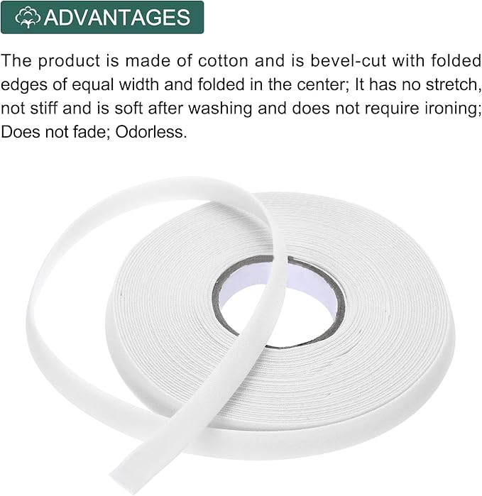 MECCANIXITY 2/5 Inch Double Fold Bias Tape Polyester Continuous Bulk Bias Tape for Sewing,Seaming Quilting Hemming Binding Crafts (White 10 Yards)
