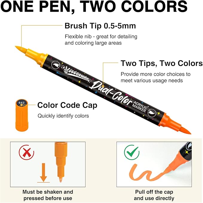 120 Colors Acrylic Paint Markers，60 Pack Acrylic Paint Pens with Dual-Color Brush Tips, Quick-Drying, No Bleeding, Waterproof for Pumpkin,Rocks,Glass,Wood,Plastic,Metal,Coloring Book