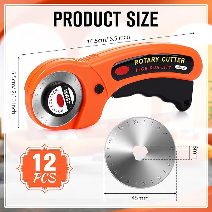 Lothee 12 Packs Stainless Steel Rotary Cutter Set, 45mm Circular Blades with Handle for Fabric, Leather, Quilting, Sewing & Crafting - 420J2 Steel and Durable ABS Plastic(Orange)