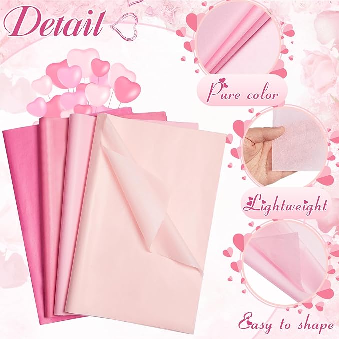 Qilery 500 Sheets Pink Tissue Paper Bulk for Gift Bags 20 x 30 Inch Acid Free Wrapping Paper Sheets for Valentine's Day Decoration DIY Crafts, Packing Supplies for Moving, Wedding Party, DIY Flowers