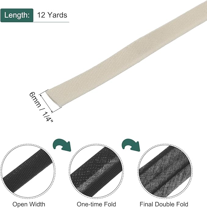 MECCANIXITY 1/4 Inch Double Fold Bias Tape Cotton Continuous Bulk Bias Tape for Sewing,Seaming Quilting Hemming Binding Crafts (Light White 12 Yards)