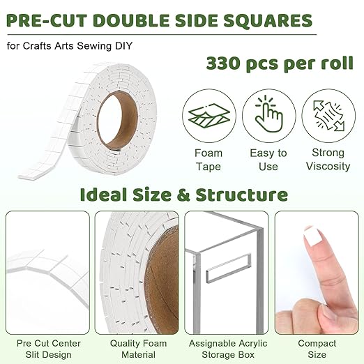 330 PCS Double Sided Foam Tape Pre Cut 1/2 X 2/5 Inch Small Adhesive Foam Squares for Crafts Thin Foam Craft Tape Split for Arts Crafts Sewing Scrapbook Kids DIY Christmas (Tape, White)