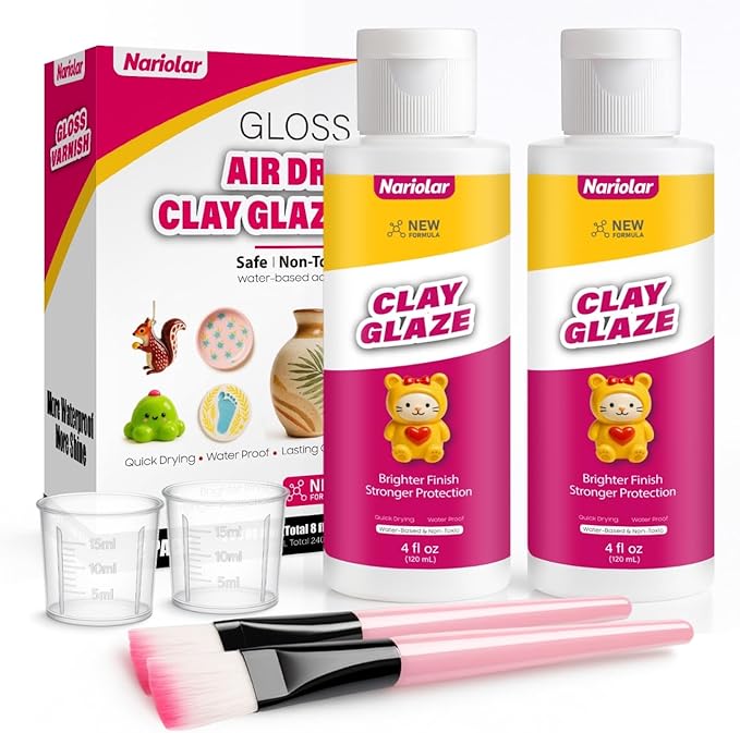 Nariolar Air Dry Clay Glaze - 4fl oz/120ml*2 Clay Varnish Gloss with Measuring Cups & Brush, Scratch Resistant, Waterproof, Prevents Cracking, High-Gloss Finish for Pottery & Craft Projects