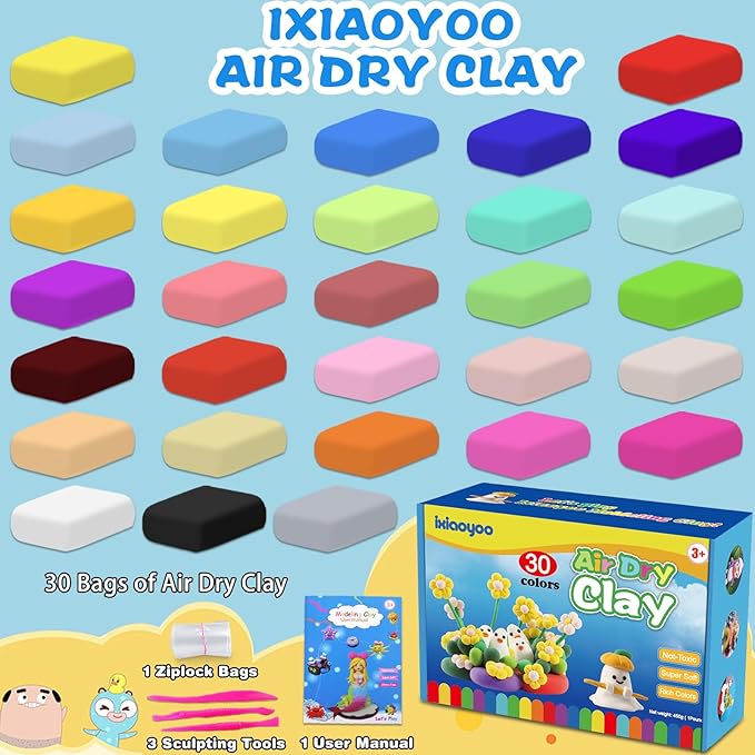 Air Dry Clay, 30 Colors Modeling Clay for Kids, DIY Model Toys with Sculpting Tools, Soft & Non-Sticky, Home Party Favors, Birthday & Christmas Gifts for Age 3-12 Years Old Boys Girls Kids
