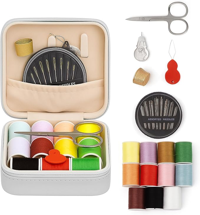 Saipe Portable Sewing Kit Basic Needle and Thread Kit for Beginners and Advanced Sewing Supplies and Accessories Stylish Case with Thread in 11 Colors, Scissors, Needles and Threader (White)
