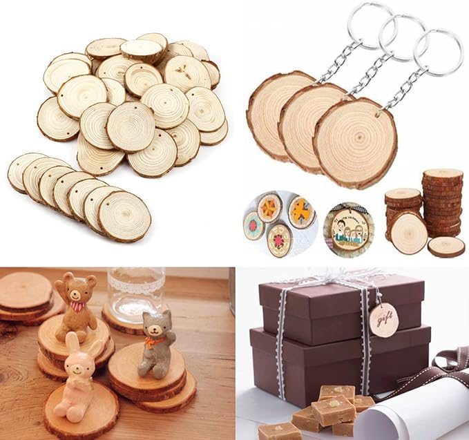 50pcs Wood Slices, BetterJonny 1.6-2 inch Undrilled Wooden Circles Predrilled with Hole Natural Wood Ornaments with 10 Meters Jute Rope for Arts DIY Craft