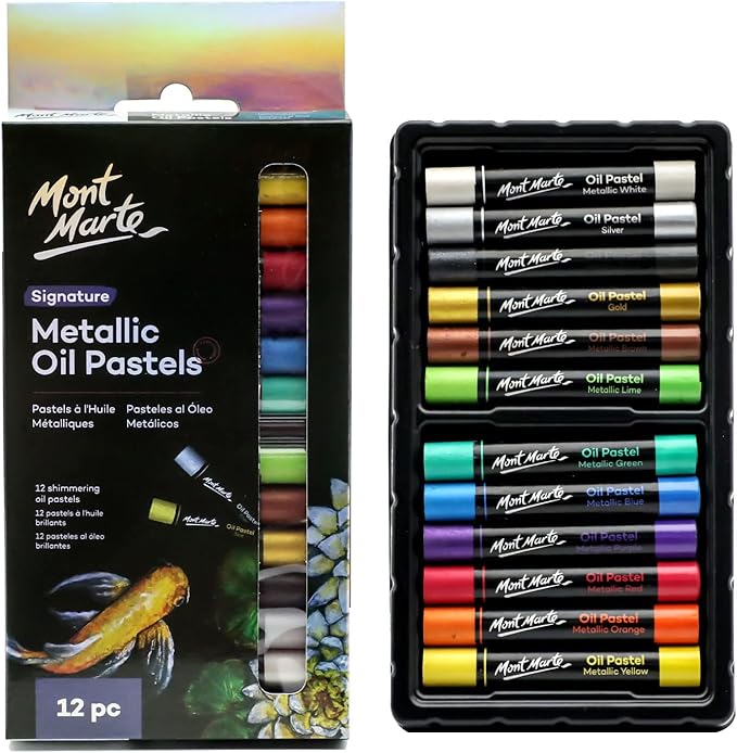 Mont Marte Metallic Oil Pastels Signature 12pc, Assorted Metallic Colors, Vibrant and Buttery, Versatile Art Pastels for Blending, Layering & Shading, Ideal for Art, Craft, Coloring and Sketching
