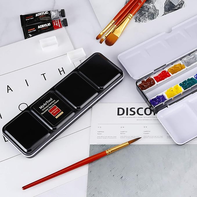 MYARTOOL Empty Watercolor Palette, Metal Empty Watercolor Tin Palette Paint Case with 12 PCS Empty Full Pans for DIY Travel Watercolor Palette, Acrylic and Oil Painting
