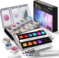Emooqi Watercolor Paints Set, Metallic Glitter Watercolour Solid Paint Include 12 Metallic Glitter Color 2 Water Brushes 2 Color Card Storage Bag, Ideal for Illustrations Painting.