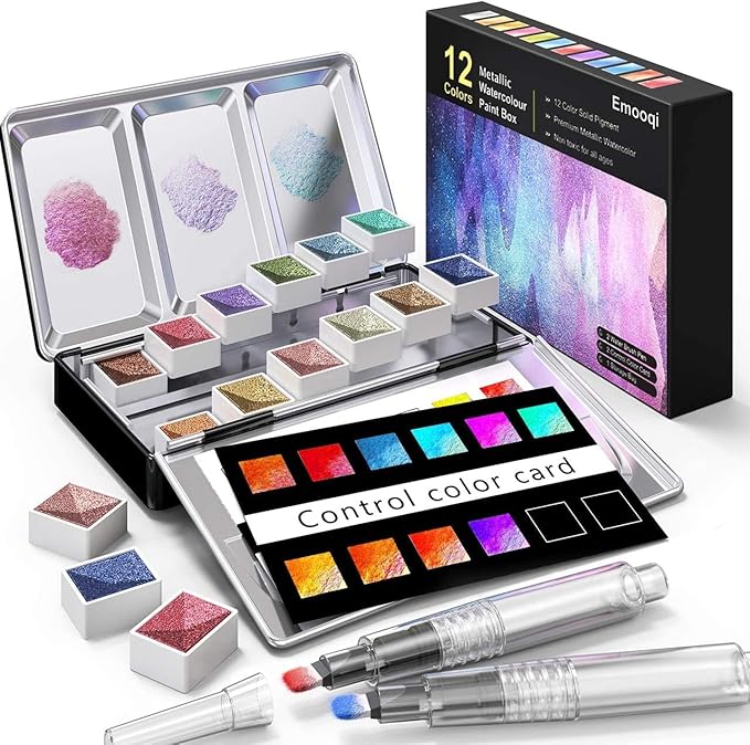 Emooqi Watercolor Paints Set, Metallic Glitter Watercolour Solid Paint Include 12 Metallic Glitter Color 2 Water Brushes 2 Color Card Storage Bag, Ideal for Illustrations Painting.