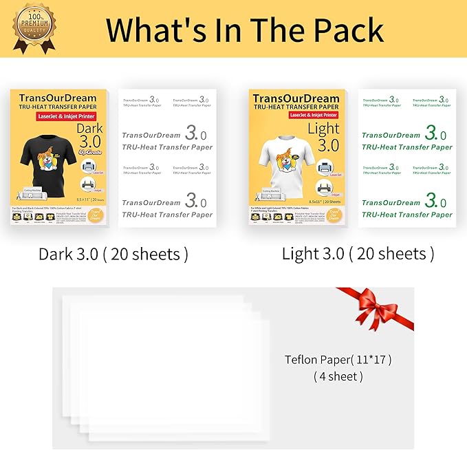 TransOurDream Tru-Heat Transfer Paper for T Shirts (20+20 Sheets, 8.5x11", Mix Pack) Printable Heat Transfer Vinyl for Dark & Light Fabrics Iron on Transfers for Laserjet & Inkjet Printer