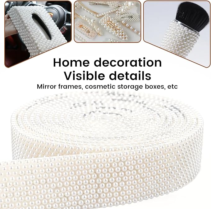 Novani Self Adhesive Pears Ribbon 1 Roll - 3 Yards Beige Pearls Crystal Diamond Bling Strips Glitter Resin Ribbon for Crafting Home DIY Decoration（Beige Pearls,1.14 Inch,3Y）
