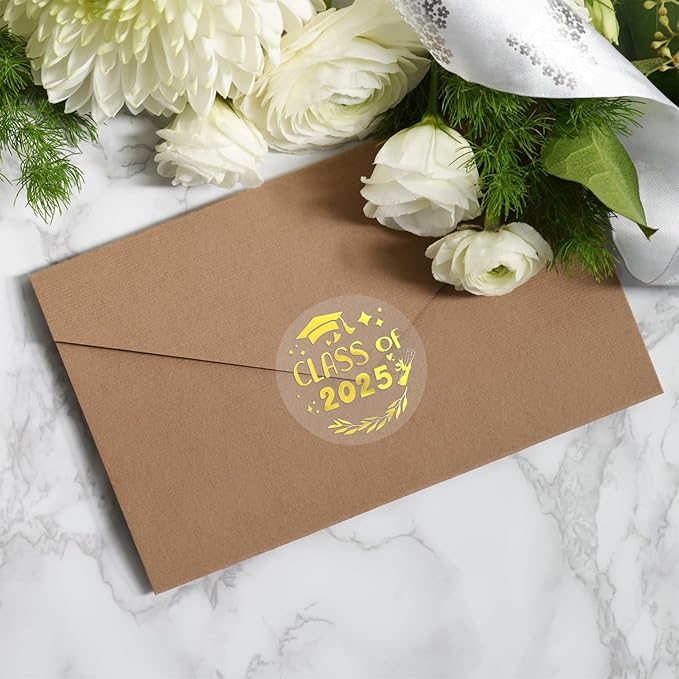 100 Pcs Graduation Stickers, Class of 2025, Transparent Congrats Graduation Labels, Grad Party Supply, Graduation Cap Stickers for Scrapbooks Envelopes 1.6 Inch (gold, class of 2025-2)