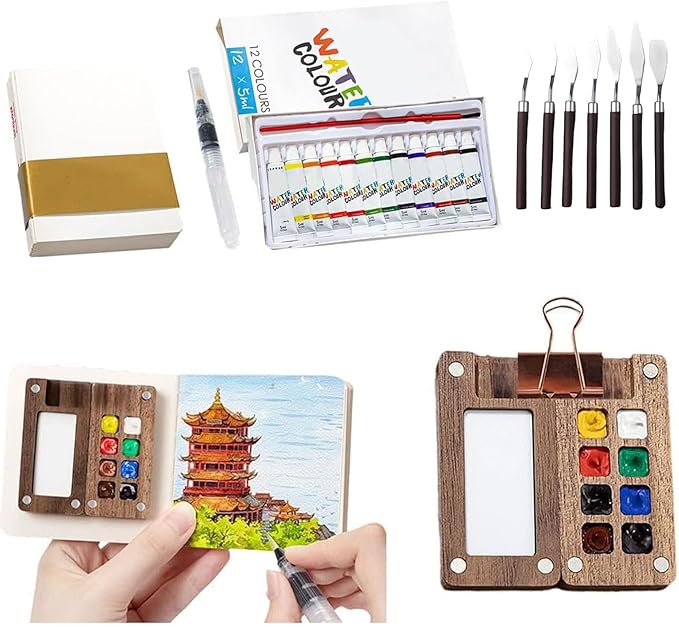 Mini Watercolor Paint Set, 2026 New Mini Watercolor Travel Set with Picture Book, Wooden Paint Palette for Painters, Artists, and Students (8 Grids)