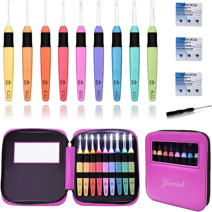 Yarniss Light Crochet Hooks Set with Case,9 Size Light Up Crochet Hooks with Battery 2.5mm~6.5mm,Glow in Dark Crochet Needle Set