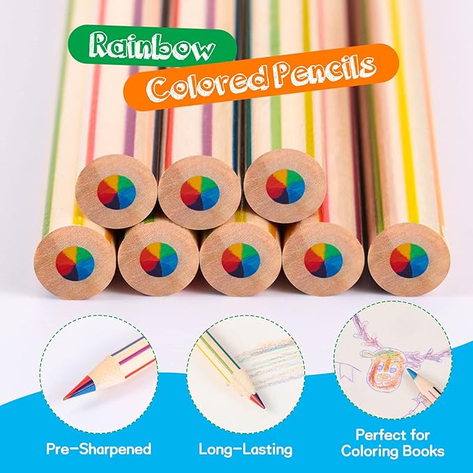 CHENGU 48 Pcs Rainbow Colored Pencils Bulk 7 Color in 1 Wooden Rainbow Pencil with 4 Pieces Sharpener for Kids Adults Art Drawing(Straight and Curved Line)