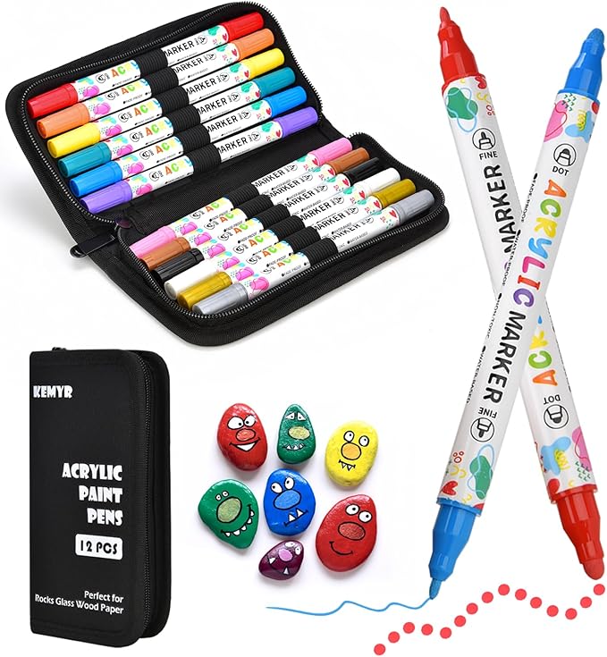 12 Colors Acrylic Paint Pens, Dual Tip Acrylic Paint Markers for Paper, Wood, Canvas, Stone, Rock Painting, Glass, Fabric, DIY, Ceramic, Art Supplies for Adults Drawing (Dot + Fine)
