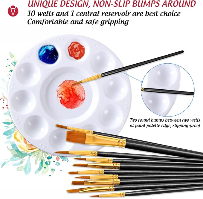 Paint Brushes Palettes Set by DUGATO, 2 Packs/20pcs Round Pointed Tip Nylon Hair Brushes with 5 Paint Trays for Acrylic Watercolor Oil Gouache Tempera and Body Painting (Black)