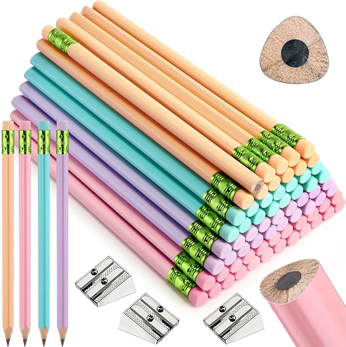 Fainne 102 Pcs Bulk Thick Jumbo Graphite Pencils Set 96 Fat Giant Large Pencils and 6 Sharpeners Enhanced Grip for Art Drafting Writing Drawing Office and Home Use(Macaron Colors,Triangle)