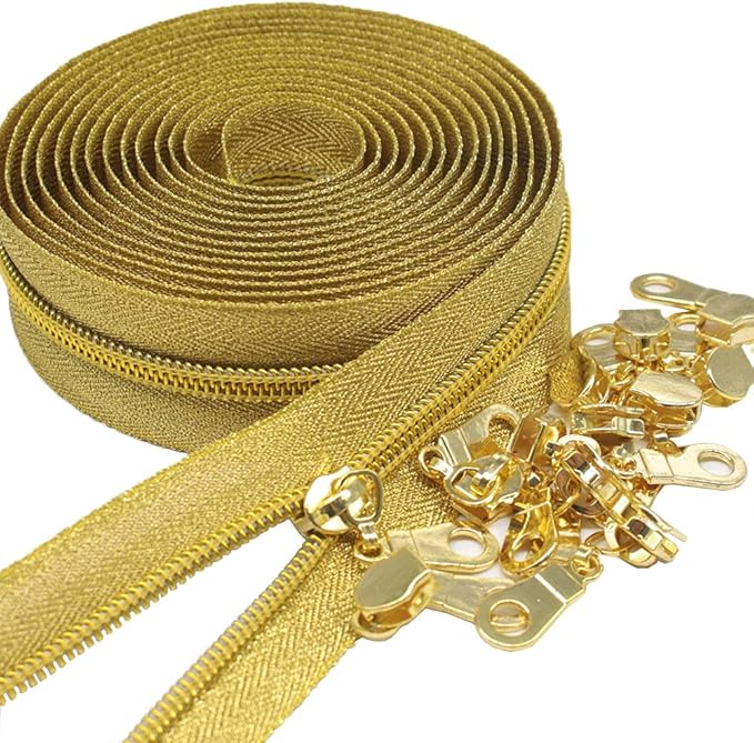 MebuZip #5 Gold Metallic Nylon Coil Zippers by The Yard Bulk Coil Zipper Roll 10 Yards with 25pcs Pulls for DIY Sewing Craft Bags (GoldTape)
