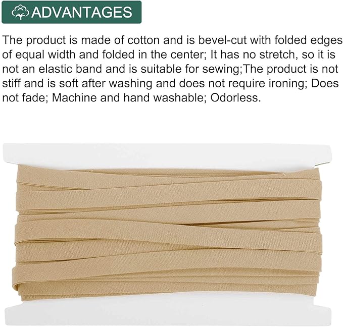 MECCANIXITY 2/5 Inch Double Fold Bias Tape Continuous Bulk Bias Tape for Sewing, Seaming Quilting Hemming Binding Crafts (Khaki 12 Yards)