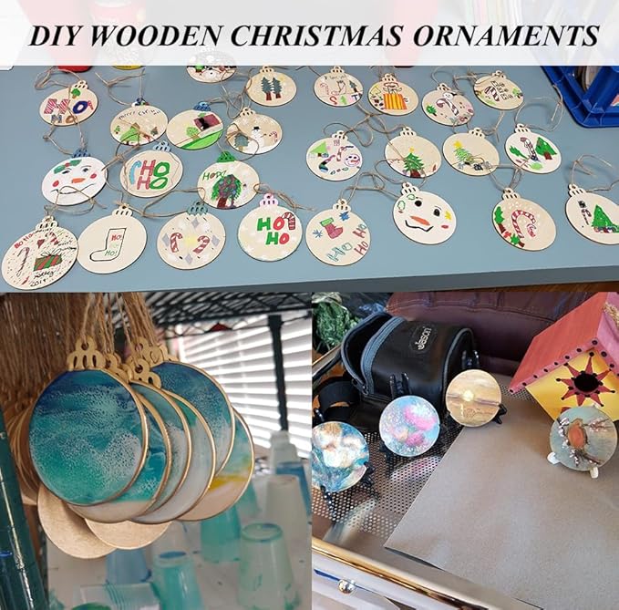 100PCS Christmas Wooden Ornaments Unfinished, DIY Christmas Crafts for Kids, Wood Cutouts Slices DIY Crafts Supplies for Girls Adults, Xmas Ornaments Holiday Decoration