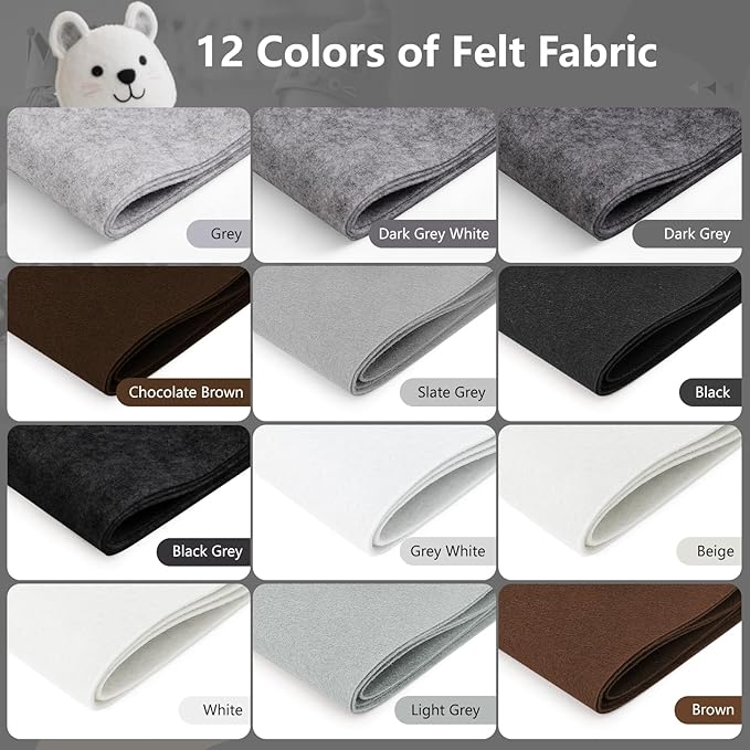 Large Stiff Felt Sheets Bundle Felt Fabric Sheets for Crafts 12 Rolls 8"x35" Soft Black Grey Color 12 Assorted Colors Felt Pack for DIY Craft Sewing Squares Nonwoven Patchwork (Grey)