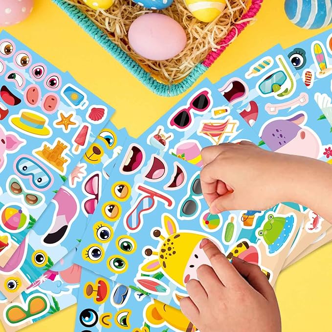 24 Sheets Summer Stickers for Kids Toddlers, Make Your Own Sticker with 8 Designs of Animal Elephants Giraffes Hippos Pigs, Animal Make a Face Stickers for Summer Holiday Party Favors