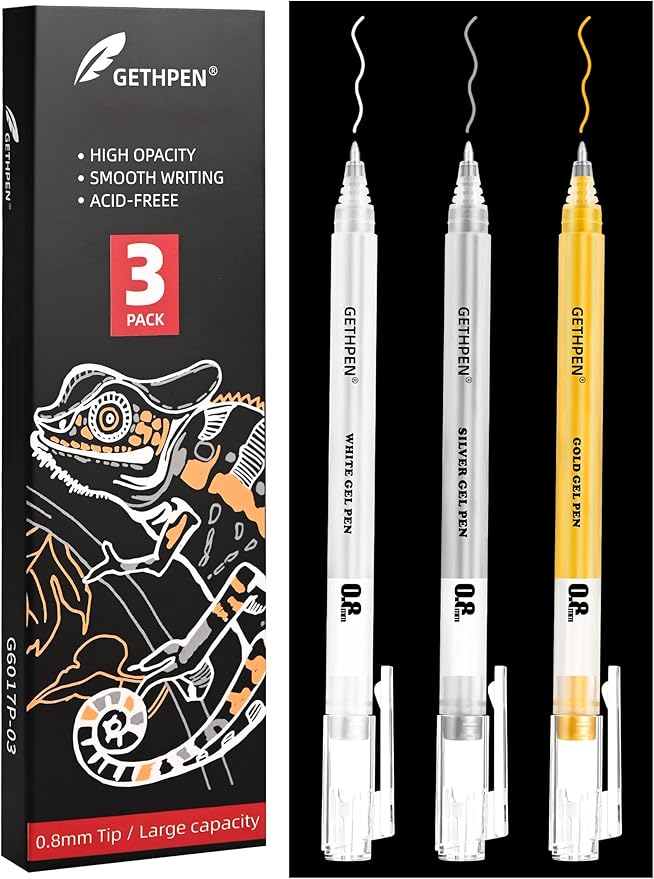 0.8mm Extra Fine Point 3 Colors Gel Pen Set White,Gold and Silver Gel Ink Pens for Artists Drawing on Black Paper, Sketching, Bullet Journaling & Holiday Crafts