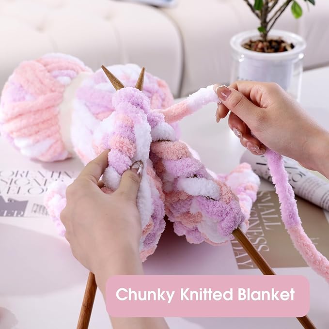 HOMBYS Pink,Purple,White Chunky Chenille Yarn for Hand Knitting,Fluffy Soft Jumbo Yarn Crocheting,Super Bulky Big Yarn for Chunky Blanket,Large Thick Arm Knitting Yarn,8 Pack Plush Yarn