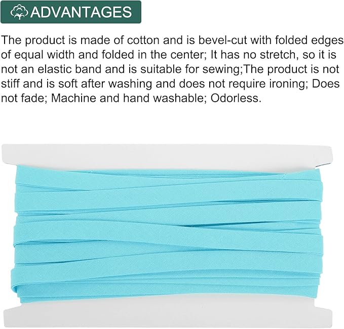 MECCANIXITY 2/5 Inch Double Fold Bias Tape Continuous Bulk Bias Tape for Sewing, Seaming Quilting Hemming Binding Crafts (Light Blue 12 Yards)
