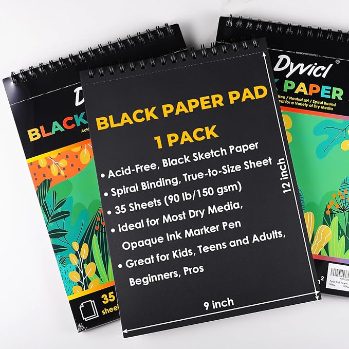 Dyvicl Black Paper Sketchbook 9"x12", 90 lb/150 GSM, 35 Sheets, Spiral Black Sketch Pad Drawing Paper for Pencil, Pastel, White Ink Gel Pen, Charcoal, Chalk, Metallic Marker, Paint Pen