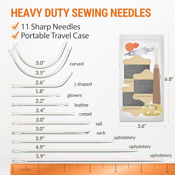 VONEEDL Upholstery Repair Kit: Waxed Sewing Thread (3 Rolls - Black Color) & Heavy Duty Needles (11 PCS) for Leather, Canvas & Quilting Thread