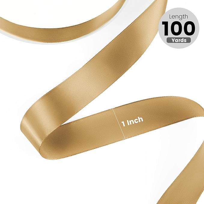 1" x 100 Yards Satin Ribbon - Champagne Gold Silk Ribbon with Spool - Ideal for Gift Wrapping, Floral Bouquets, Crafts, Wedding Party Decorations, Christmas and Sewing Projects