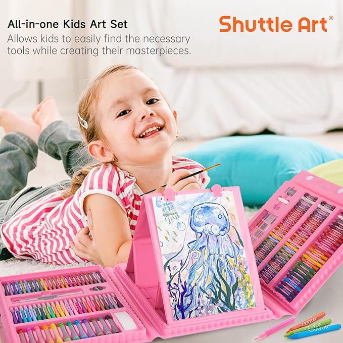 Shuttle Art 335 Piece Kids Art Set, Multi-Media Art Supplies, Gift Art Kit with Trifold Easel, 2 Drawing Pads, 2 Coloring Books, Oil Pastels, Crayons, Watercolors, Markers, Colored Pencils (Pink)