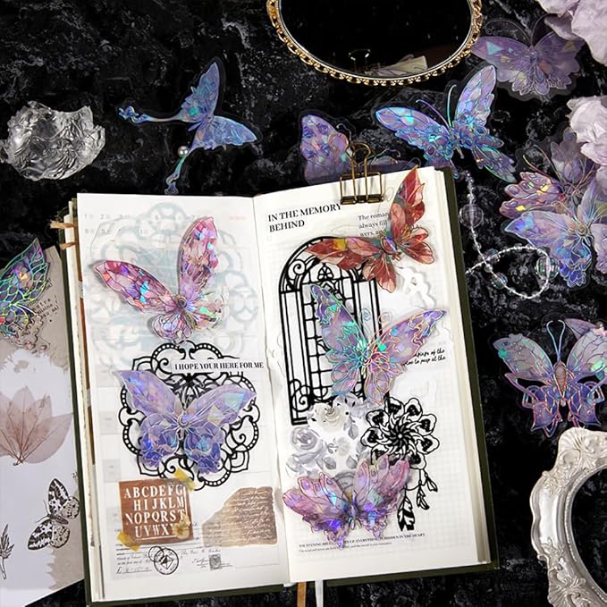 Yoksas 120Pcs Holographic Crystal Shiny Butterfly Stickers - Waterproof Glitter Butterfly Stickers for Scrapbooking,Junk Journals,Resin Art Supplies
